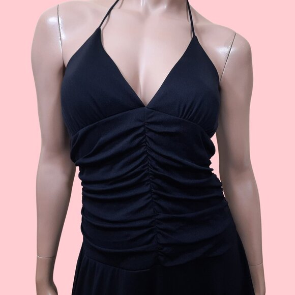 90s Y2K Black Mesh Dress Ruched Asymmetric Halter Party Cocktail size M - Picture 3 of 6